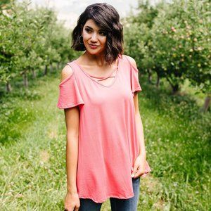 Cold Shoulder Crossed Heart Top In Coral